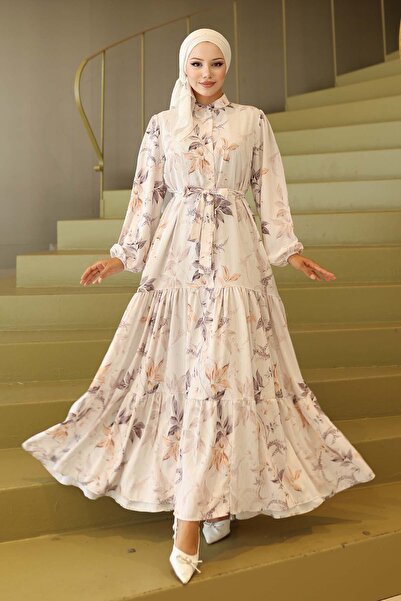 Hiccup Bdart Buttoned and Belted Detail Crew Neck Maxi Dress