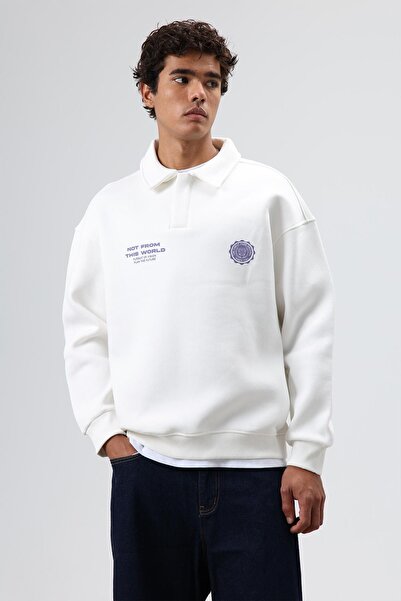 VAMOSCLO Polo Neck Oversized Printed Washable Sweatshirt Ecru