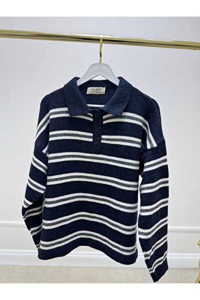 dilber fashion Striped Buttoned Cotton Soft Textured Knitwear Sweater