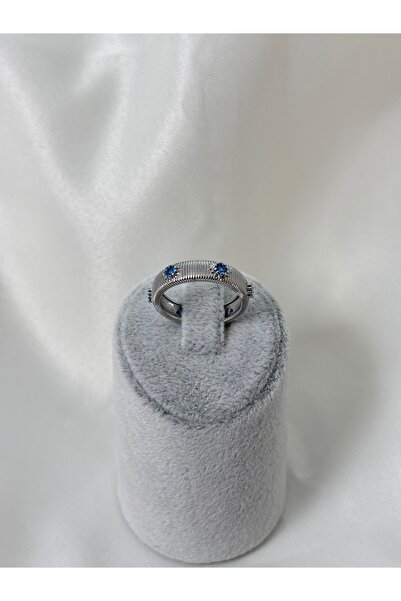 Uzak Işıklar Steel Ring with Blue Zircon Stone Adjustable Thick Silver
