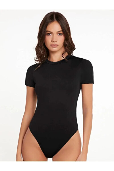 bysoca Kadın Siyah Bisiklet Yaka Kısa Kol İpek Jarse Vücudu Saran Basic Bodysuit