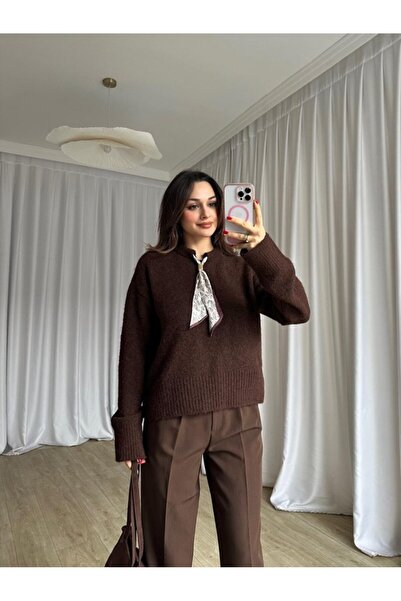 HARMONY GLOBAL Pulover din tricot cu textura moale, cu guler maro și eșarfă – Pulover elegant pentru femei cu mâneci lungi 2535