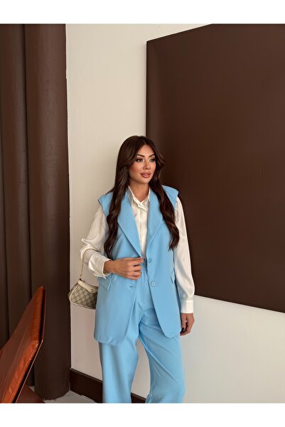 MADAME MELEK Zr Model Brand Padded Vest Pants Suit - Carrot Pants Long Vest Solid Color Suit