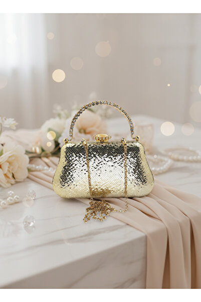 Biçanta Gold Crystal Pattern Pearl Detailed Stone Handle Evening Bag Night Wedding Engagement Graduation Portfolio