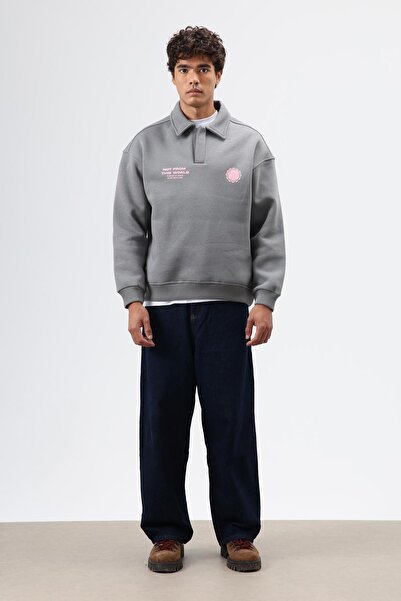 VAMOSCLO Polo Yaka Oversized Printed Washable Sweatshirt Smoked