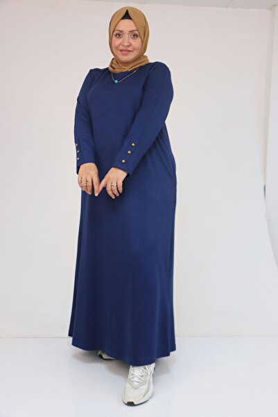 Eslina 42031 Plus Size Modal Dress with Pockets and Patches - Indigo