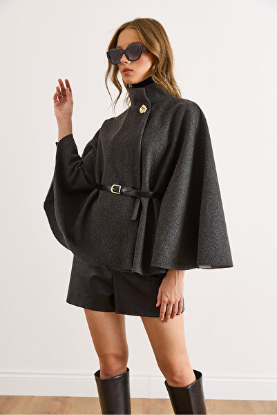 Olalook Kadın Antrasit Tek Düğme Kemerli Kaşe Pelerin Panço PNÇ-00000001