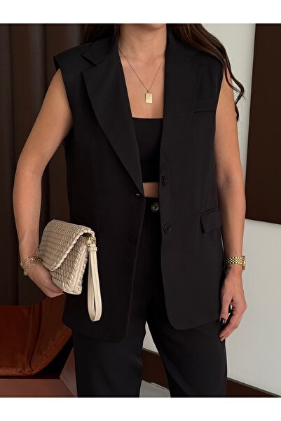 MADAME MELEK Zr Model Brand Padded Vest Pants Suit - Carrot Pants Long Vest Solid Color Suit