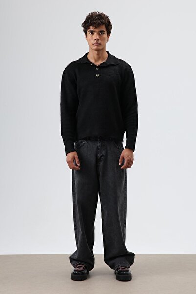 VAMOSCLO سترة تريكو ناعمة ذات ياقة بولو باللون الأسود