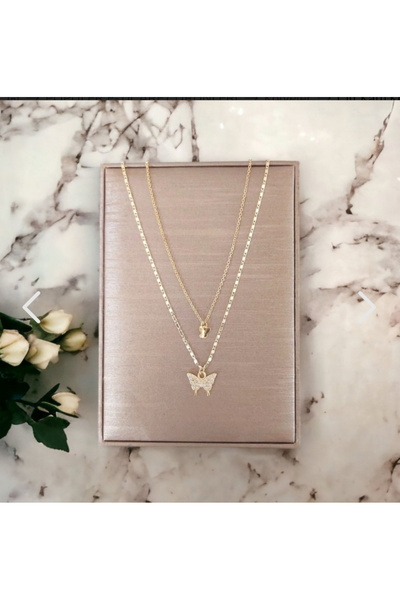 İnci Çift katlı kelebek tasarım kolye