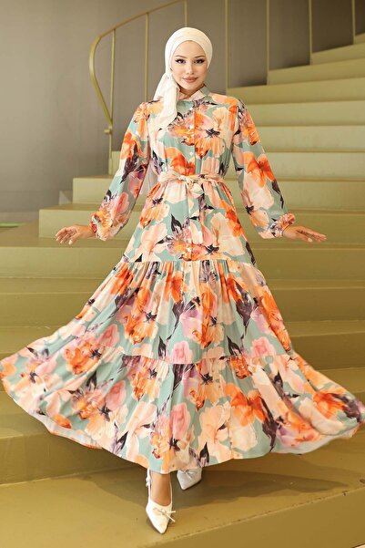 Hiccup Bdart Buttoned and Belted Detail Crew Neck Maxi Dress