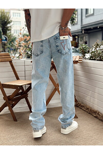 manch collection Şimşek Nakış Detaylı Regular Kot Pantolon Buz Mavi