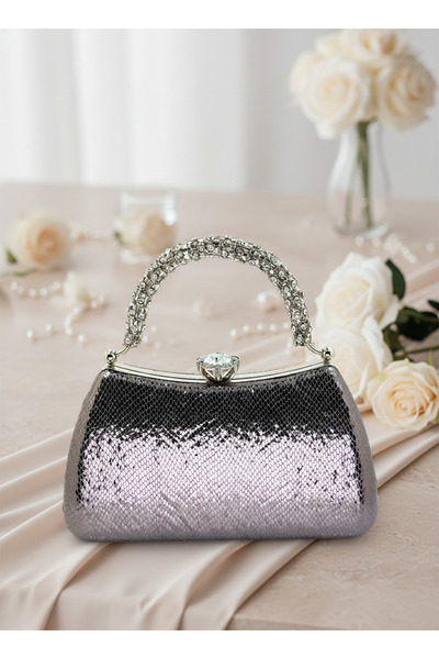 Biçanta Platinum Color Special Design Color Crystal Pattern Stone Handle Women's Evening Dress Bag