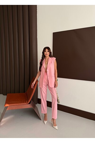 MADAME MELEK Zr Model Brand Padded Vest Pants Suit - Carrot Pants Long Vest Solid Color Suit