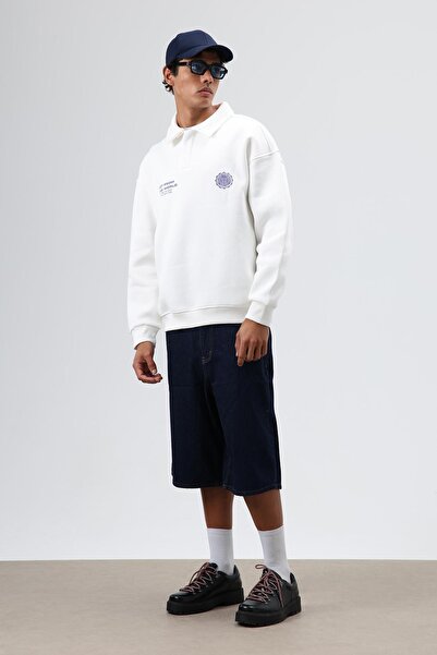 VAMOSCLO Polo Neck Oversized Printed Washable Sweatshirt Ecru