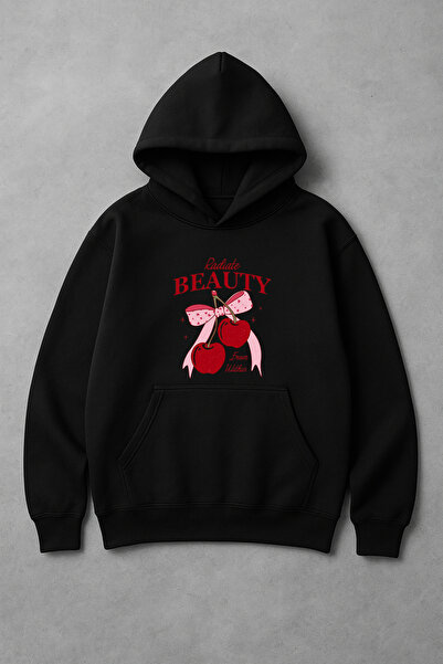 LORVEX Radiate Beauty Cherry Oversize Unisex Hanorac cu glugă cu imprimeu fro...