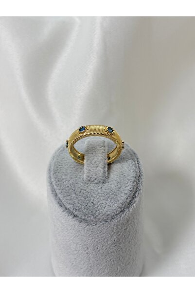 Uzak Işıklar خاتم من الفولاذ مع حجر الزركون الأزرق قابل للتعديل وسميك من الذهب