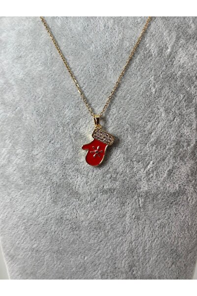 Uzak Işıklar Steel Necklace Red Christmas Glove Gold with Zircon Stone