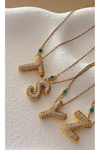 H&S AKSESUAR Kadın Çelik Gold Taşlı S Balon Harf Kolye ( S HARFİ )