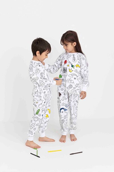 Tarık Children's 100% Cotton Paintable Crew Neck Long Sleeve Unisex Pajama Set with Crayons as a Gift