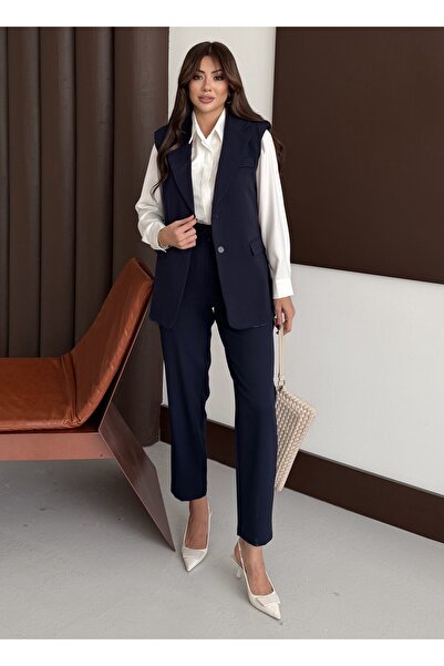 MADAME MELEK Zr Model Brand Padded Vest Pants Suit - Carrot Pants Long Vest Solid Color Suit