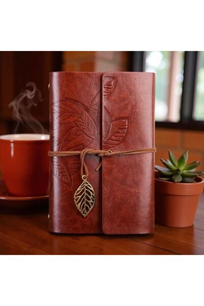 ÇERÇİ MELEK Leather Souvenir Notebook Brown – Leaf Patterned