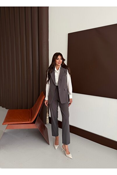 MADAME MELEK Zr Model Brand Padded Vest Pants Suit - Carrot Pants Long Vest Solid Color Suit