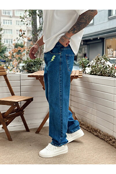 manch collection Şimşek Nakış Detaylı Regular Kot Pantolon Mavi