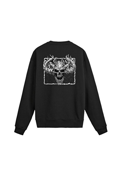 Colermi Back Printed Death Metal Horned Skull Sweatshirt