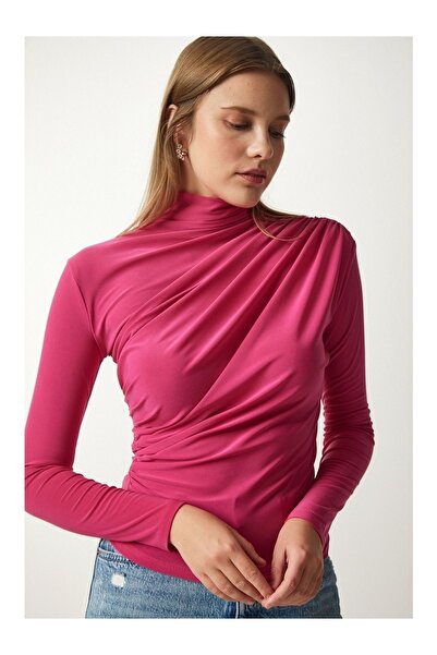 NorthAK Women's Pink Ruched Detail Mock Neck Sandy Blouse Standard