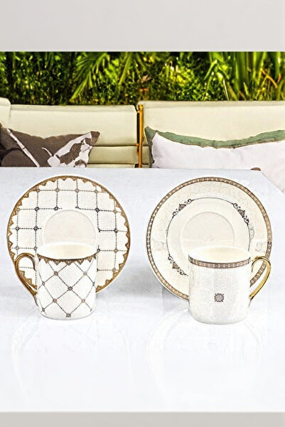 welcomein فنجان قهوة من البورسلين المزخرف بنقش مطلي بالذهب لشخصين