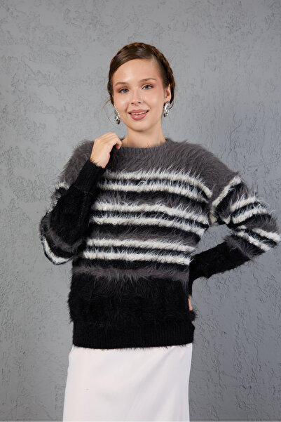 Moda Days Smoked-Black Beard Yarn Striped Crew Neck Knitwear Sweater