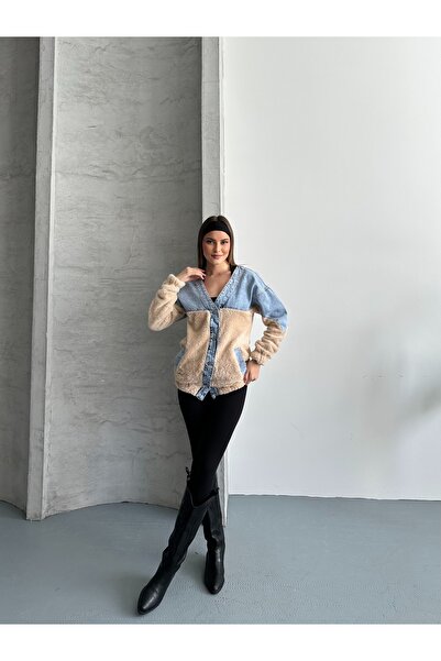 SOLİS MODA Plush Women's Jacket with Denim Details