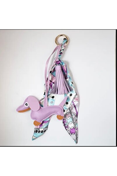 Accessories Hei Lila Color Cute Leather Dog Figured Stylish Women's Bag Accessory Keychain with Ribbon Detail