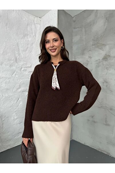 HARMONY GLOBAL Pulover din tricot cu textura moale, cu guler maro și eșarfă – Pulover elegant pentru femei cu mâneci lungi 2535