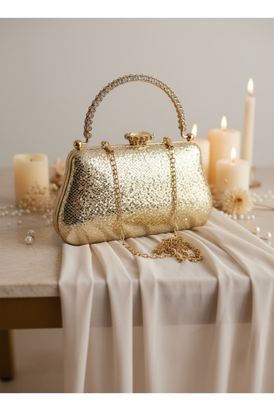 Biçanta Gold Crystal Pattern Pearl Detailed Stone Handle Evening Bag Night Wedding Engagement Graduation Portfolio