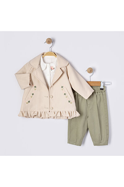 PARK BEBE Baby Girl Cream Trench Coat Suit Floral Embroidered 3 Pieces