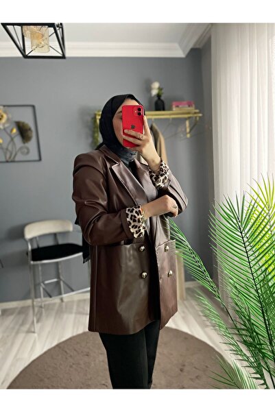 byalisdmr Leopar Detay Deri Ceket -Kahve