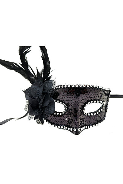 KTT Black Side Feathered Rose Stone Sequin Mask Stylishly Designed Functional Product