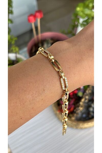 shesra Zirkon Taşlı Köşeli Oval Model 14K Altın Renk Kaplama Çelik Bileklik
