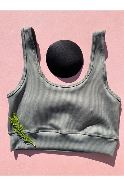 LEYNA BUTİK Women's Corded Fabric Diving Fabric Straps Crop Tank Top with Removable Pads, Pack of 4, Stone Grey, Plum, Black, Green