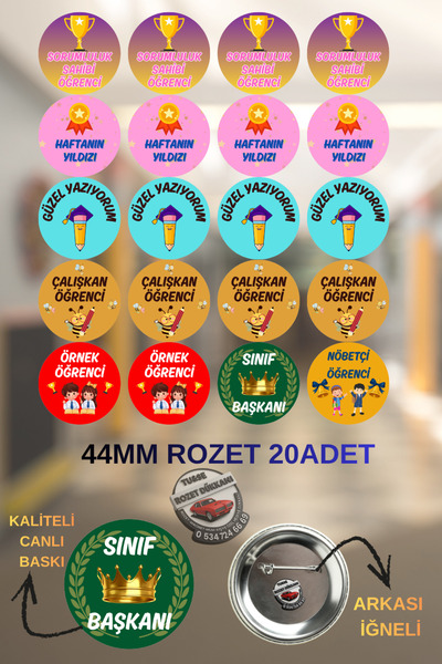 tuse rozet dükkanı Karışık Öğrenci 44mm Buton Rozet, 20 Adet İğneli Buton Rozet