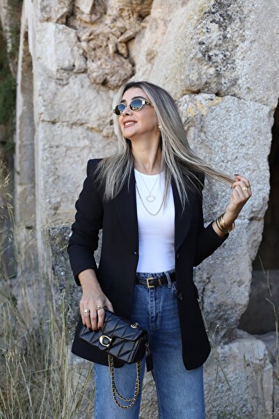 bytugcekaya Μαύρο μπλέιζερ με λεπτομέρεια με ραβδώσεις