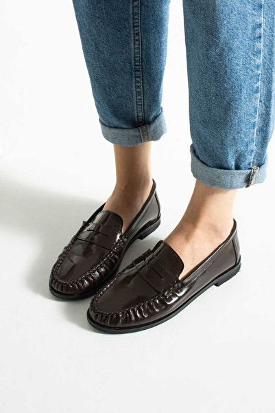 diclepolat Women's Brown Patent Leather Loafer Casual Shoes with Flat Sole Verna