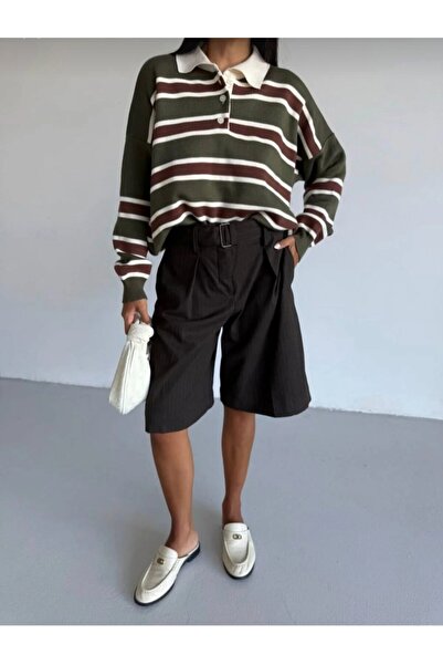 trivvy Striped Buttoned Polo Collar Knitwear Sweater