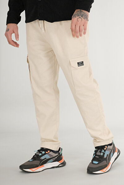 Souris Men's Beige Cargo Pants Relaxed Fit Cotton Elastic Waist