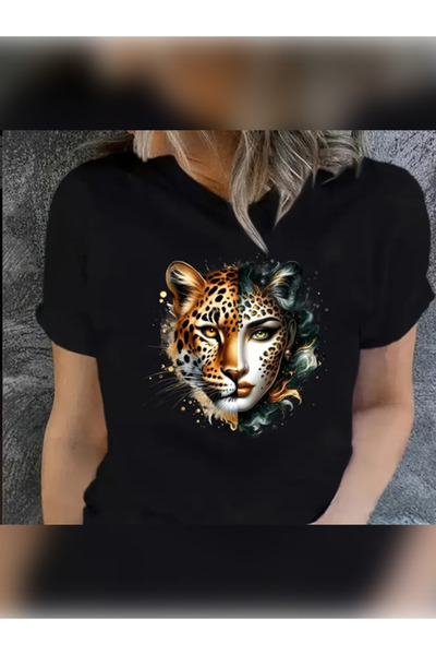 TİMİSİVA Унисекс широка черна тениска с къс ръкав и принт на гепард и велосип...