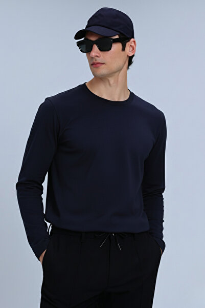 GUARAZ Tricou pentru bărbați, albastru marin, Relax Fit, confortabil, croială bumbac 100% cu mânecă lungă, guler rotund basic