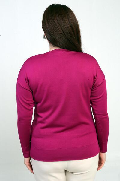 By Saygı Women's V-Neck Shoulder Stone Print Plus Size Knitwear Blouse