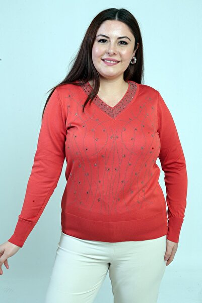 By Saygı Women's V-Neck Cold Yarn Large Size Knitwear Blouse with Stones on the Front